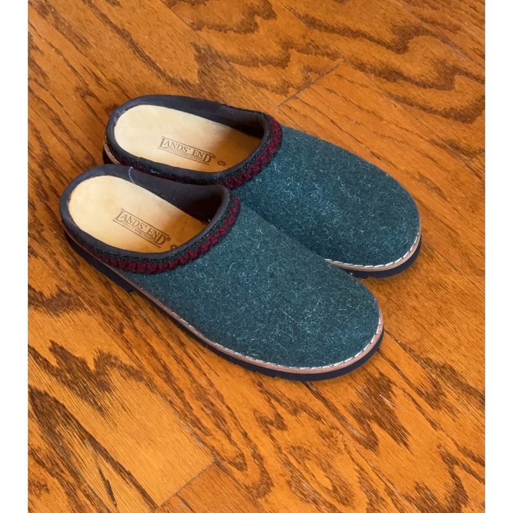 Lands' End‎ Hunter Green Wool Clog Slippers Women's 6 Made in Spain Vintage Cozy